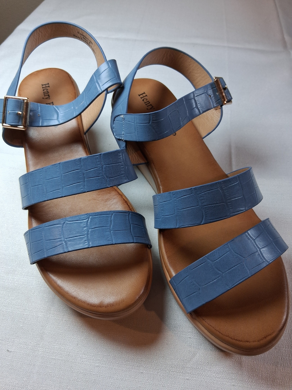 Henry Ferrera Blue Croc-Embossed Triple-Strap Sandals with Buckle